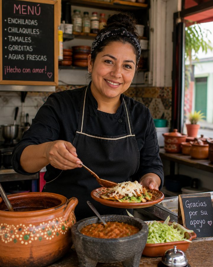 Cocinera emprendedora sirviendo comida en su negocio