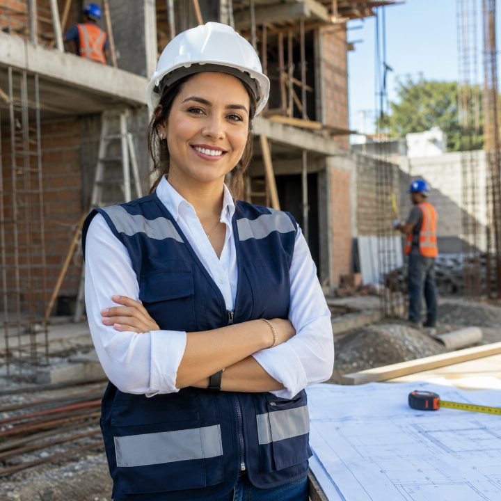 Emprendedora revisando los planos de su proyecto