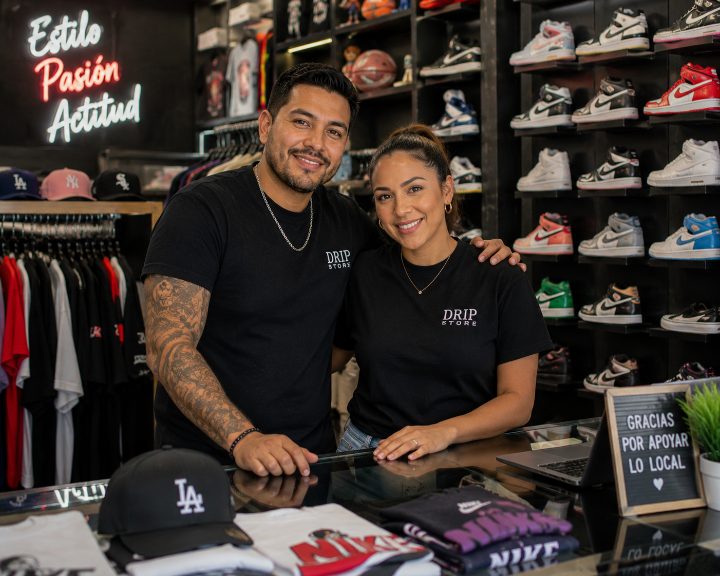 Emprendedora mostrando ropa en su tienda